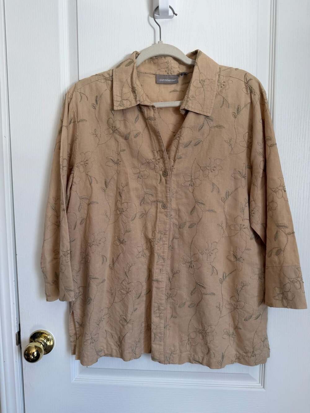 Croft & Barrow Embroidered Shirt Size XL Tan Linen Blend Floral Button Down